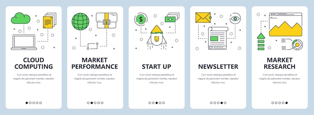 conjunto de banners verticales con computación en la nube, rendimiento del mercado, puesta en marcha, boletín informativo, plantillas de sitios web de concepto de investigación de mercado. Estilo plano moderno de línea fina.