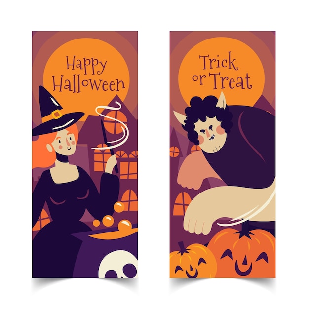 Conjunto de banners verticales de halloween planos dibujados a mano