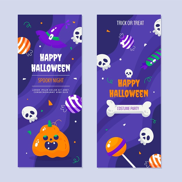 Conjunto de banners verticales de halloween planos dibujados a mano