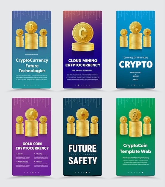 Vector conjunto de banners verticales para moneda criptográfica con diferentes monedas de oro.