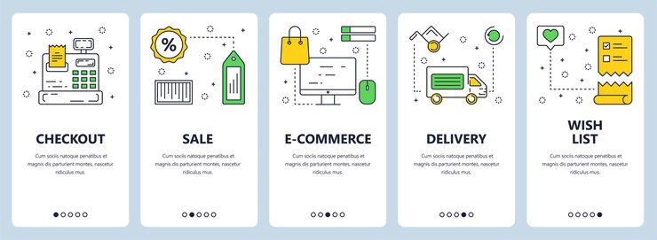 Vector conjunto de banners verticales con pago, venta, comercio electrónico, entrega, plantillas de sitio web de concepto de lista de deseos. estilo plano moderno de línea fina.