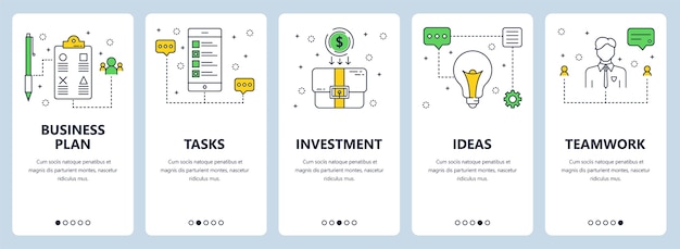 conjunto de banners verticales con plan de negocios, tareas, inversiones, ideas, plantillas de sitios web de trabajo en equipo. Estilo plano moderno de línea fina.
