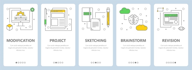 conjunto de banners verticales con plantillas web de concepto de modificación, proyecto, boceto, lluvia de ideas y revisión. Elementos de diseño de estilo de arte de línea fina moderna, símbolos, iconos para el menú del sitio web, impresión.