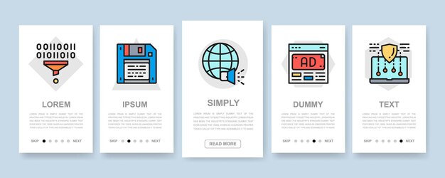 Conjunto de banners verticales SEO Pantallas de aplicaciones móviles de optimización de motores de búsqueda con iconos de colores