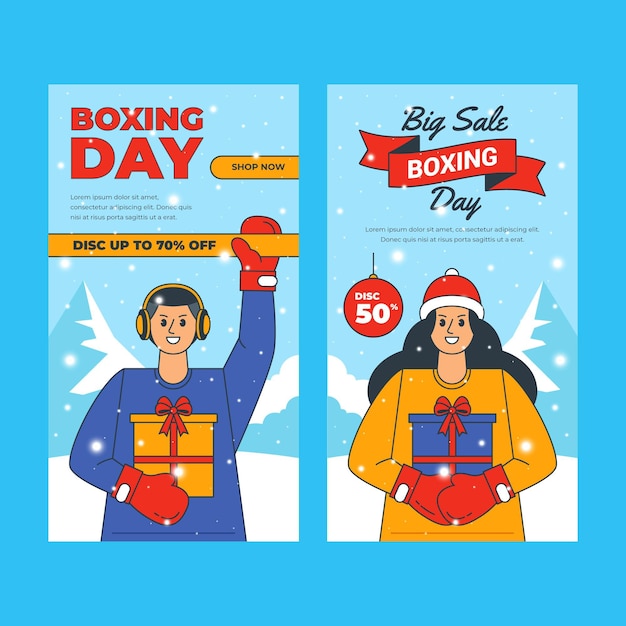 Conjunto de banners verticales de venta de boxing day plano dibujado a mano