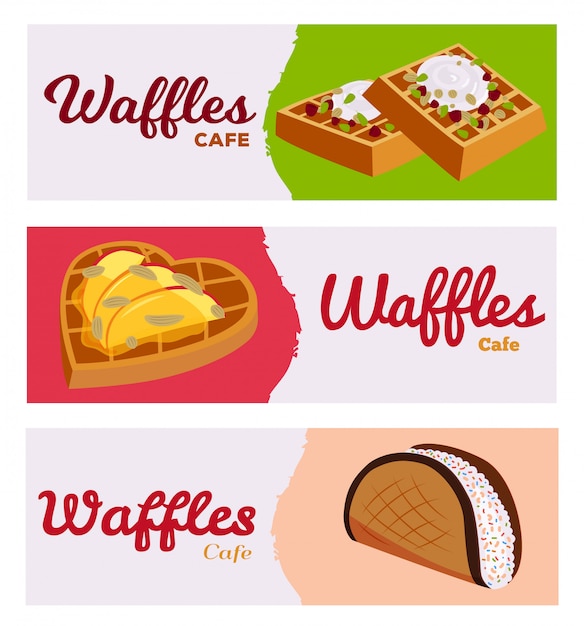 Conjunto de banners waffles cafe panadería ilustración telón de fondo. diferentes dulces rellenos sabrosos obleas de relleno con frutas, bayas y crema.