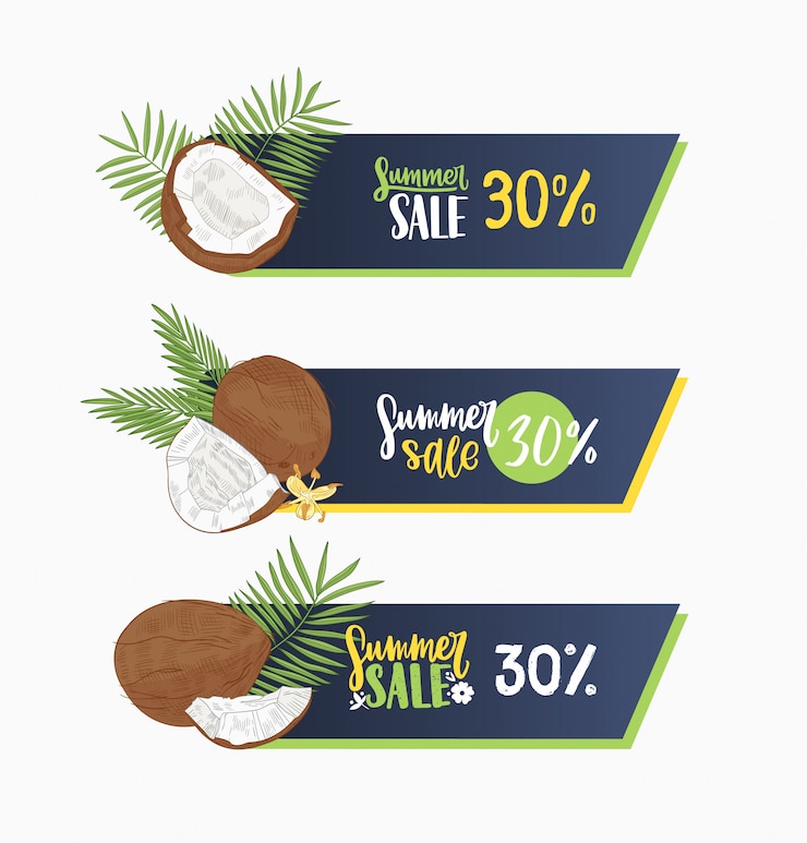 Vector conjunto de banners web decorados con coco exótico, ramas de palmeras y flores florecientes aisladas sobre fondo blanco. dibujado a mano ilustración para la venta de verano o promoción de descuento, publicidad.
