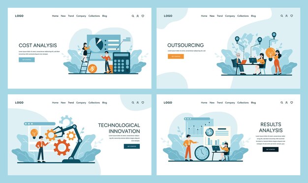 Conjunto de banners web dinámicos que ilustran aspectos clave de la optimización de los costes análisis meticuloso de los costes a nivel mundial