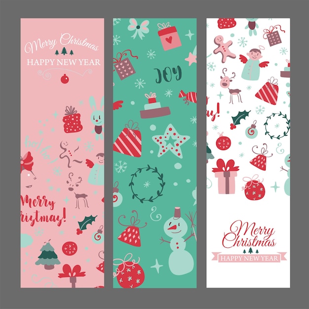 Conjunto de banners web con elementos de diseño navideño en vector de tarjetas navideñas estilo doodle