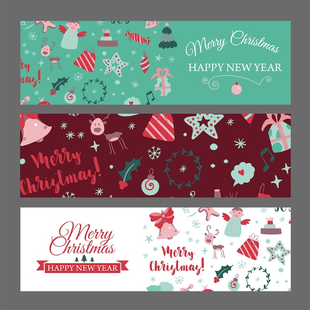 Conjunto de banners web con elementos de diseño navideño en vector de tarjetas navideñas estilo doodle