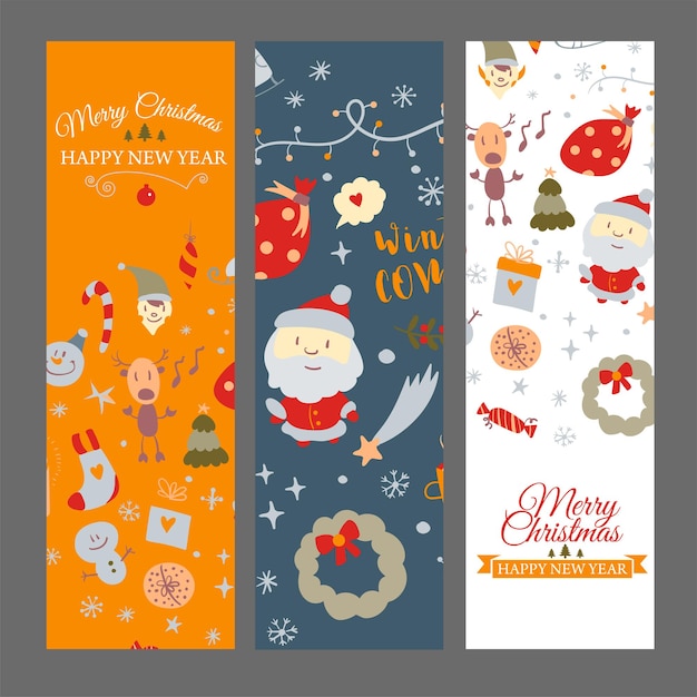 Conjunto de banners web con elementos de diseño navideño en vector de tarjetas navideñas estilo doodle