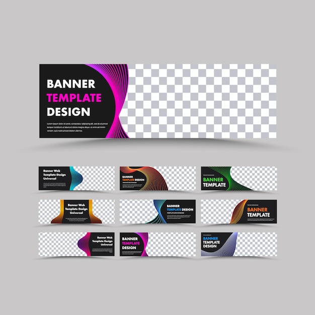 Conjunto de banners web negros horizontales con lugar para fotografías y líneas de color abstractas. Plantillas de tamaño estándar
