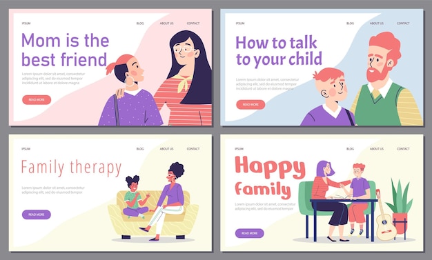 Un conjunto de banners web vectoriales con padres felices hablando con niños pequeños y adolescentes