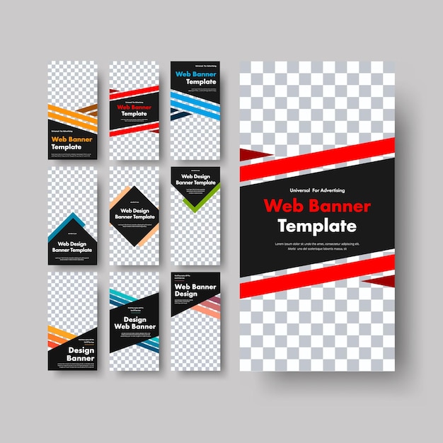 Conjunto de banners web verticales negros con lugar para fotos, líneas de color diagonales y rombos. Plantillas de tamaño estándar para empresas y publicidad. ilustración