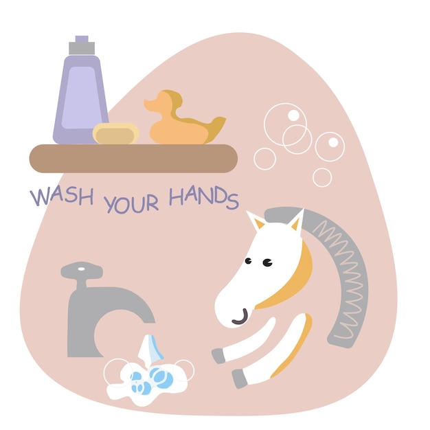 Conjunto de baño plano para ilustración vectorial infantil caballo divertido