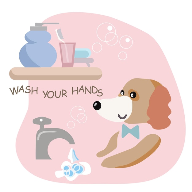 Conjunto de baño plano para ilustración vectorial infantil Cachorro divertido