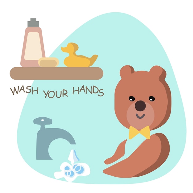 Conjunto de baño plano para ilustración vectorial infantil Oso de peluche divertido