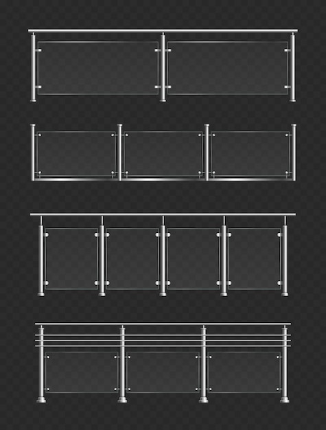 Vector conjunto de barandilla de vidrio realista d balaustrada brillante o secciones de valla de barrera de plexiglás