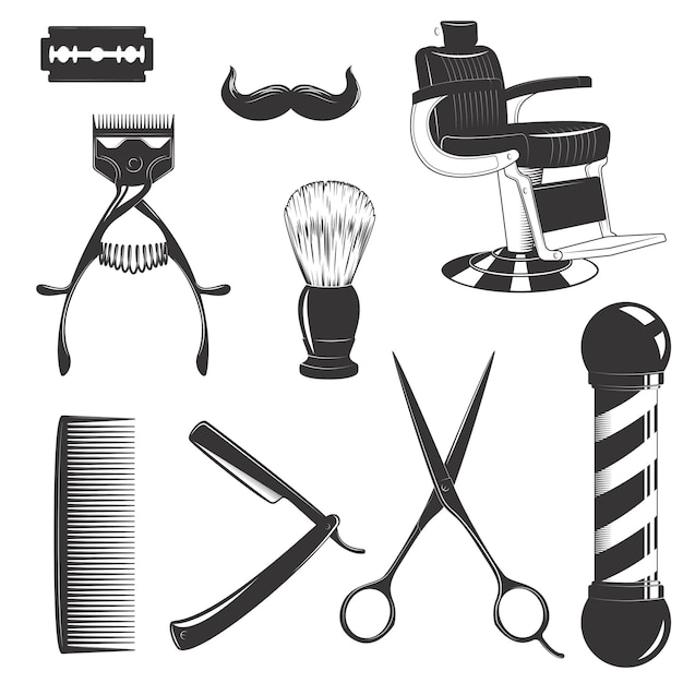 Vector conjunto de barbería retro con equipos de corte aislados sobre un fondo blanco