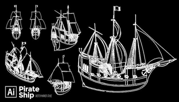 Conjunto de barco pirata dibujado a mano