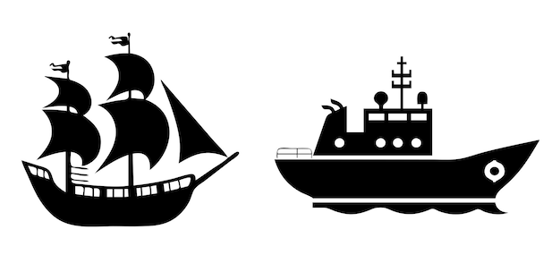 Vector conjunto de barcos aislados en fondo blanco ilustración vectorial en blanco y negro