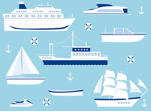 Vector conjunto de barcos aislados sobre fondo azul.