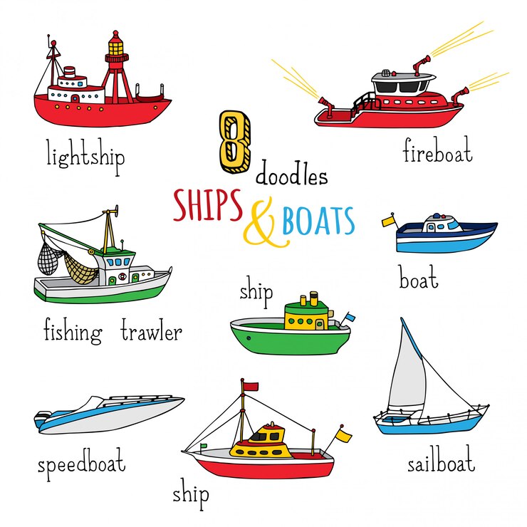 Vector conjunto de barcos y barcos de dibujos animados. embarcaciones náuticas dibujadas a mano. buque de luz, barco de bomberos, arrastreros de pesca, lancha rápida, velero y lancha motora.