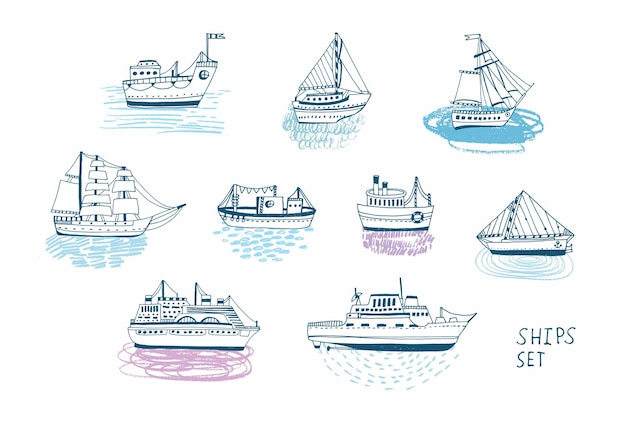 Conjunto de barcos de doodle dibujados a mano. Colección de ilustraciones coloridas.