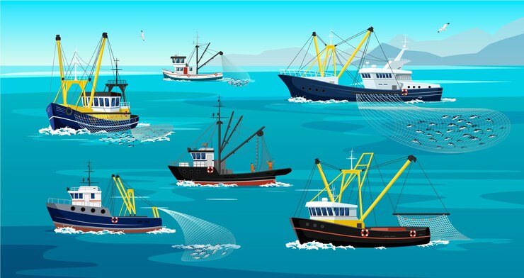 Vector conjunto de barcos de pesca comercial con red de pesca completa bajo el agua barco de pesca con mástil amarillo que trabaja en la captura del océano por cerco atún arenque sardina salmón buques de la industria ilustración vectorial