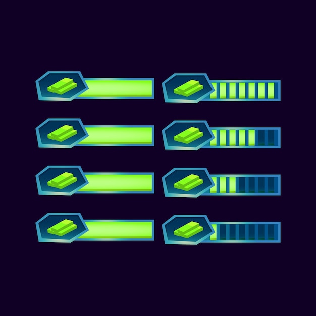 Conjunto de barra de progreso de dinero de dinero brillante de fantasía de interfaz gráfica de usuario para elementos de activos de interfaz de usuario del juego