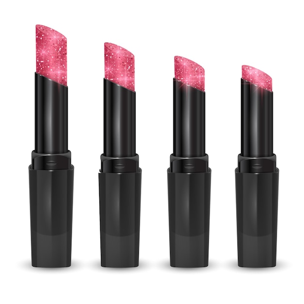 Conjunto de barras de labios de colores rosa claro con textura brillante, barras de labios. producto cosmético, ilustración