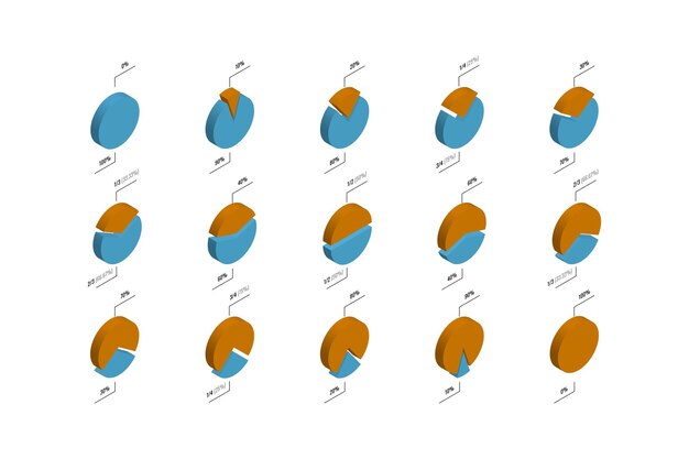 Conjunto de barras de progreso isométricas con porcentaje. plantilla de diseño infográfico de gráfico circular moderno