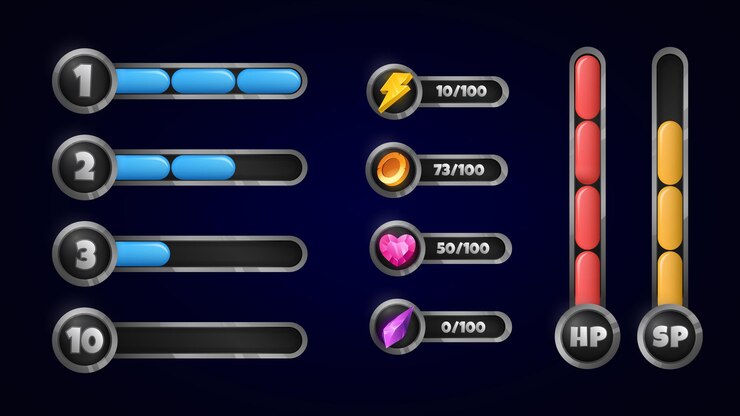 Vector conjunto de barras de recursos de juegos elementos de interfaz gráfica de usuario para la plantilla de diseño de juegos de juegos de computadora