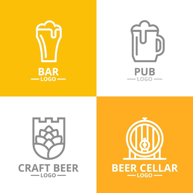 Conjunto de barriles de cerveza y alcohol de lúpulo logotipo o insignia emblemas etiquetas y insignia estilo de línea vectorial