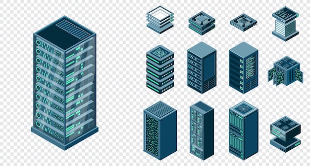 Conjunto de bastidores de servidores isométricos Conjunto isométrico del servidor Elementos de tecnología digital Ilustración vectorial
