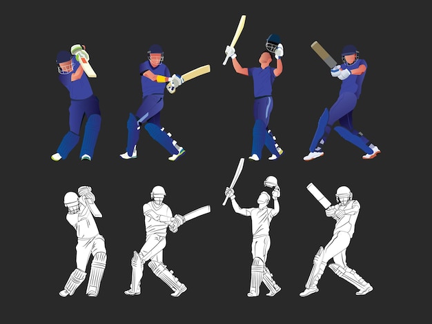 Vector conjunto de bateadores jugando al cricket ilustración colorida y arte de silueta