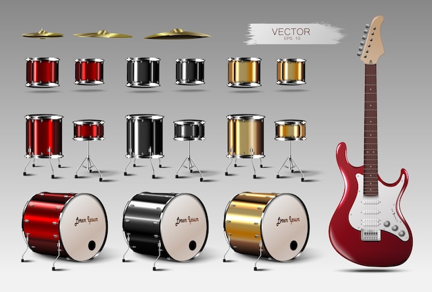 Vector conjunto de batería realista y guitarra eléctrica.