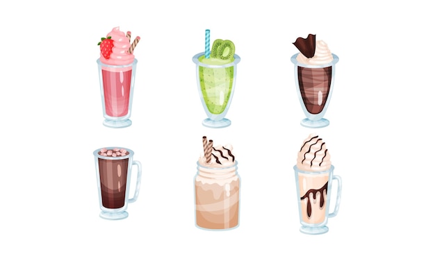 Conjunto de batidos y mousses con fresas kiwi chocolate y malvaviscos en vasos Ilustración vectorial