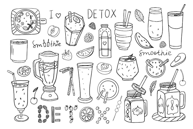 Vector conjunto de batidos, yogur y vasos de diferentes tamaños y formas en estilo doodle detox healthy