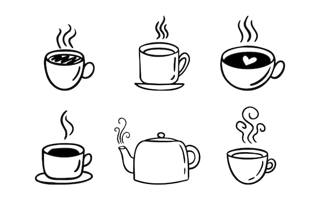 Conjunto de bebidas calientes dibujado a mano Tazas de café Doodle fondo blanco Café té capuchino espresso latte americano chocolate caliente