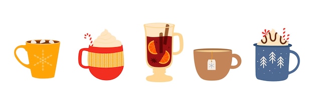 Conjunto de bebidas calientes de invierno Tazas con bebidas calientes Ilustración vectorial
