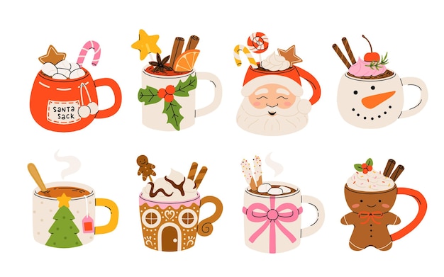 Conjunto de bebidas calientes de Navidad dibujos animados planos diferentes bebidas tazas bonitas de vacaciones cacao caliente café crema de leche y vino caliente bebidas de año nuevo decoradas con holly y caramelos Ilustración vectorial aislada