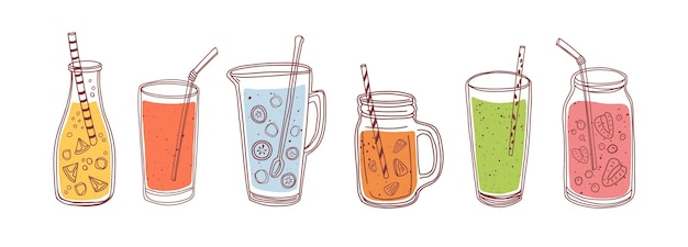 Conjunto de bebidas de desintoxicación, batidos de frutas, limonadas orgánicas en botellas de vidrio, tarros y jarras con pajitas. Refrescantes bebidas caseras de verano. Ilustración de vector plano coloreado aislado sobre fondo blanco