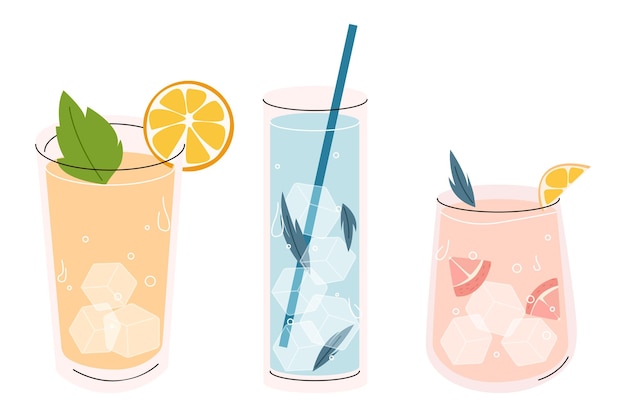 conjunto de bebidas frías formato de ilustración vectorial conjunto de cócteles con hielo zumo de licor soda limonada