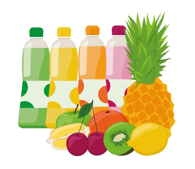 Un conjunto de bebidas de frutas en botellas de plástico Jugo de limonada de soda y fruta