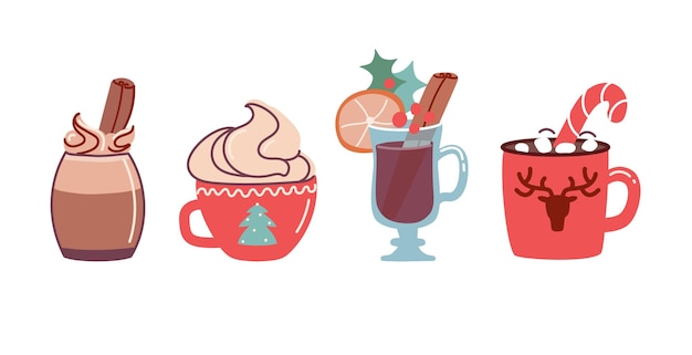 Conjunto de bebidas navideñas cacao con malvaviscos y chocolate caliente y vino caliente