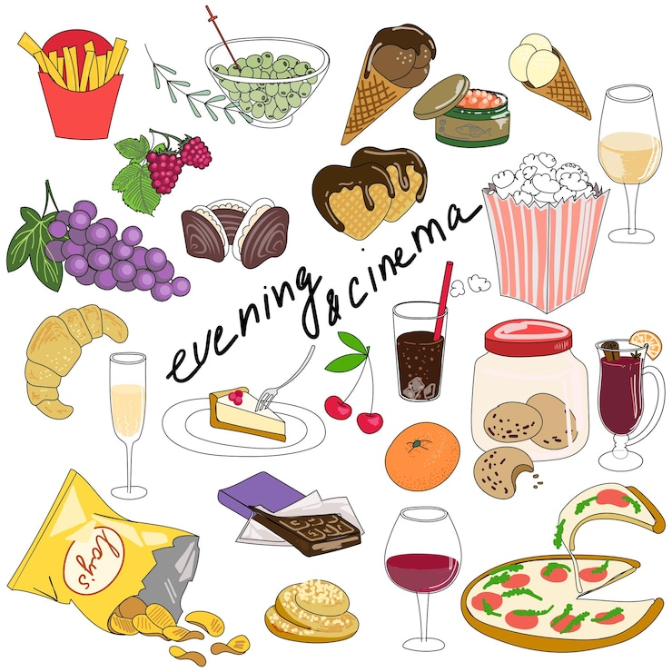 Vector un conjunto de bebidas platos en colores brillantes con un contorno negro un gran conjunto para una idea para una familia