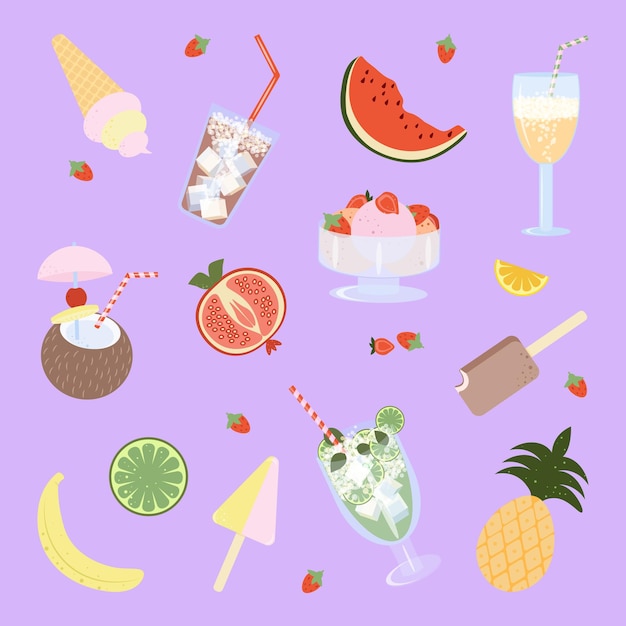 Conjunto de bebidas refrescantes frutas y helados Ilustración vectorial de estilo plano
