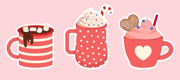 Conjunto De Bebidas De San Valentín Bebidas Con Ilustración De Vector De Malvavisco Con Corazones En Estilo Plano