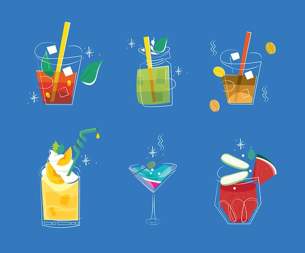 Vector conjunto de bebidas sobre fondo azul